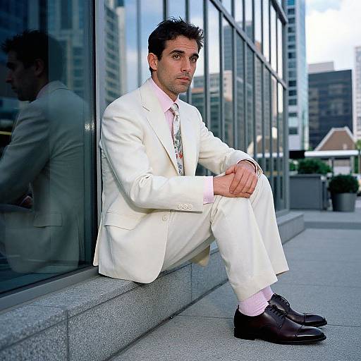 Photograph of a serious-looking man with short dark hair, wearing a white suit, pink shirt, patterned tie, and brown shoes, sitting on