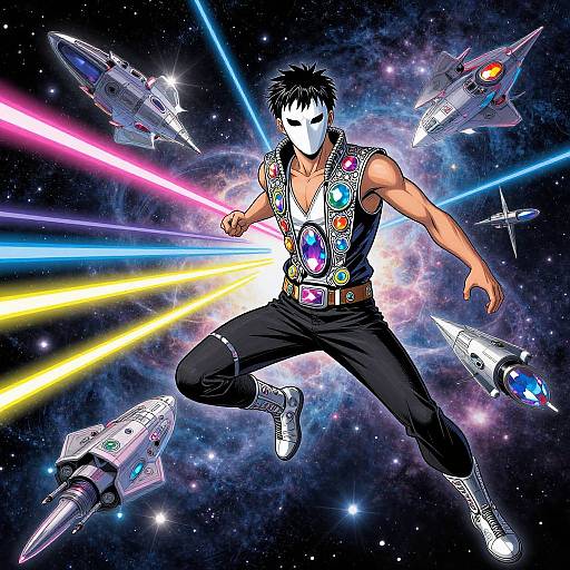 Muscular, faceless man in futuristic black outfit with colorful lights, jets of colored beams, surrounded by glowing spaceships in starry space.