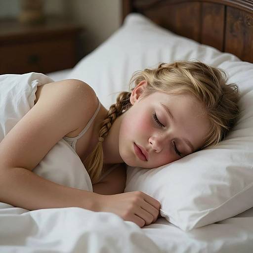 Photograph of a blonde-haired girl with fair skin, braided hair, and closed eyes, sleeping in a white bed with a wooden headboard.