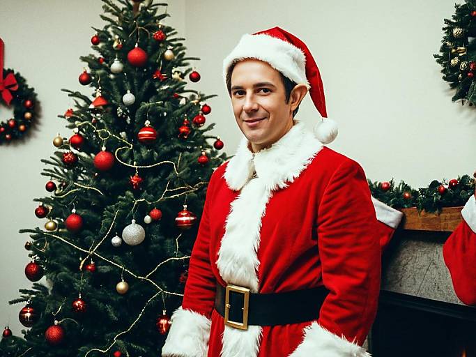 Photograph of a smiling man in a Santa Claus outfit, standing in front of a decorated Christmas tree with red and silver ornaments.