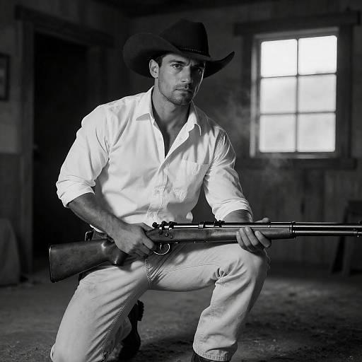 Crouching Cowboy with Rifle in Barn