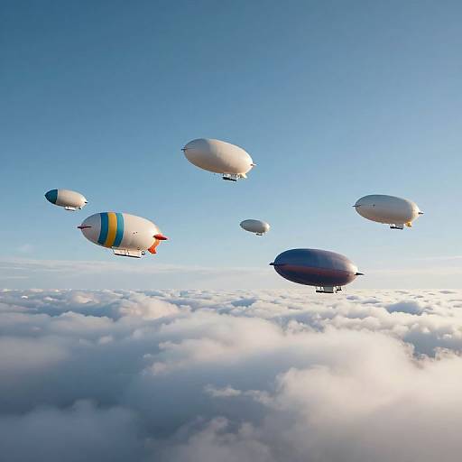Photograph of seven airships floating above a sea of fluffy clouds against a clear blue sky; varying colors and shapes.