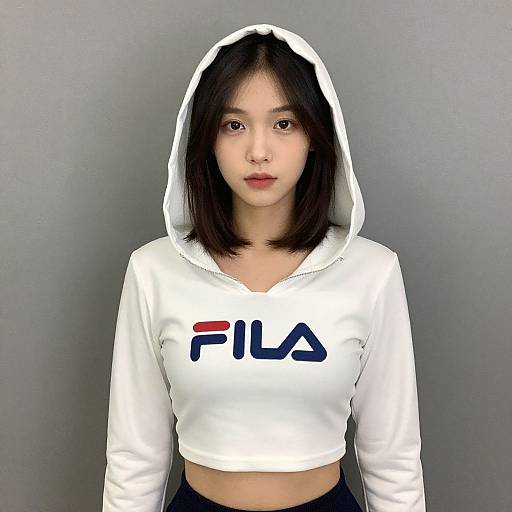 Photograph of a young Asian woman with straight black hair, wearing a white hooded Fila crop top, standing against a gray background.