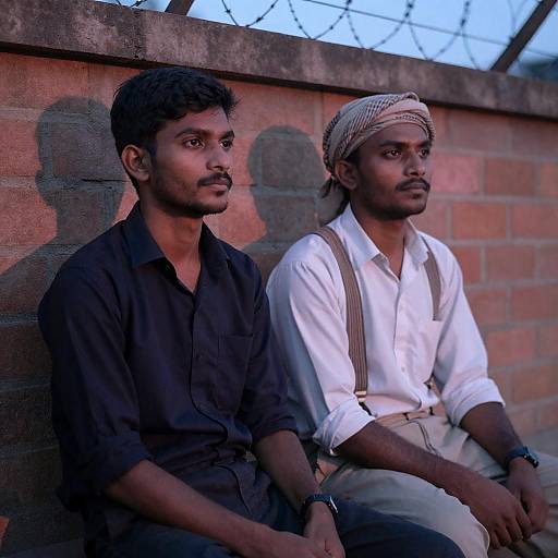 Men Against Brick Wall at Dusk
