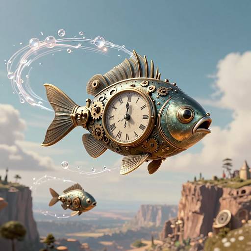 Steampunk Clockwork Fish in Surreal Sky