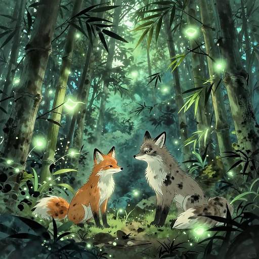 Bioluminescent Bamboo Forest with Foxes