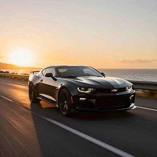 Photograph of a sleek, black Ford Mustang speeding on a coastal highway during a golden sunset, with ocean and sky in the background.