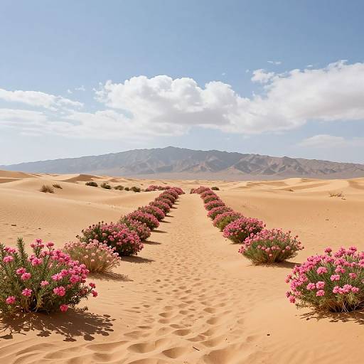Photograph of a sandy desert with a central row of pink flowering bushes leading to distant mountains under a blue, partly cloudy sky.