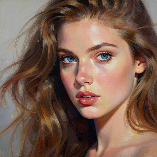 Digital painting of a beautiful young woman with blue eyes, long brown hair, and fair skin, staring directly with a subtle smile. Realistic, detailed