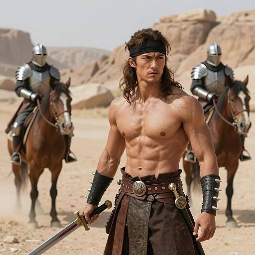 Intense Warrior in Desert Landscape