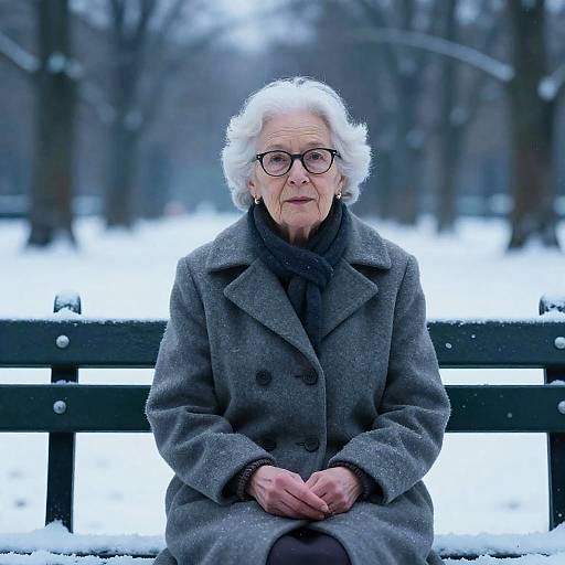 Cinematic Elderly Woman on Snowy Bench
