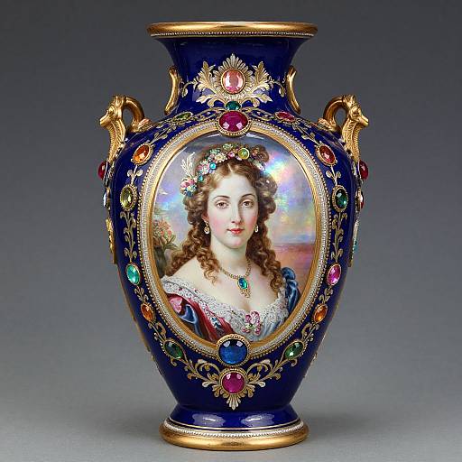 Ornate blue porcelain vase with gold accents, colorful gemstones, and oval portrait of a curly-haired woman in Renaissance-style dress.