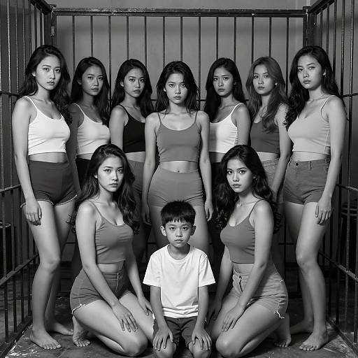 Black and white group portrait in cage
