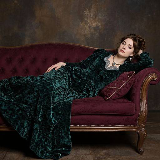 Photograph of a pale-skinned woman with dark curly hair, wearing a luxurious dark green velvet dress, reclining on a rich burgundy velvet sofa