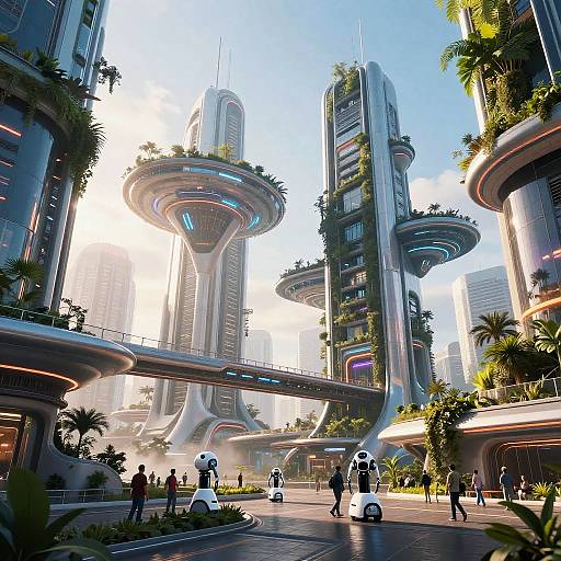 Photorealistic CGI of a futuristic cityscape featuring towering, organic skyscrapers with greenery, illuminated by bright sunlight, surrounded by pedestrians and vehicles