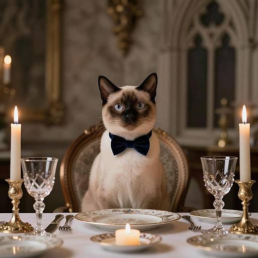 Elegant Siamese Cat in Gothic Dining Room