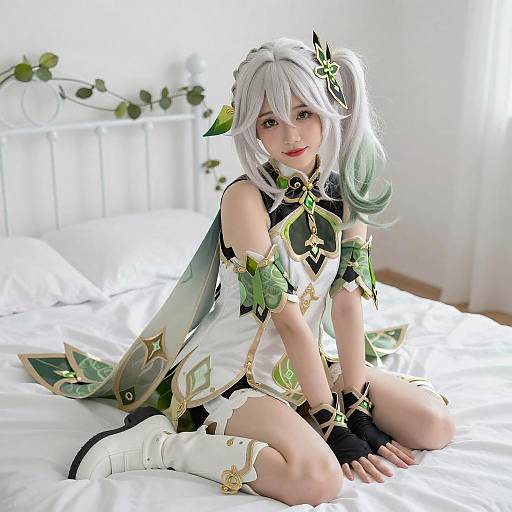 White-Haired Anime Girl on Bed