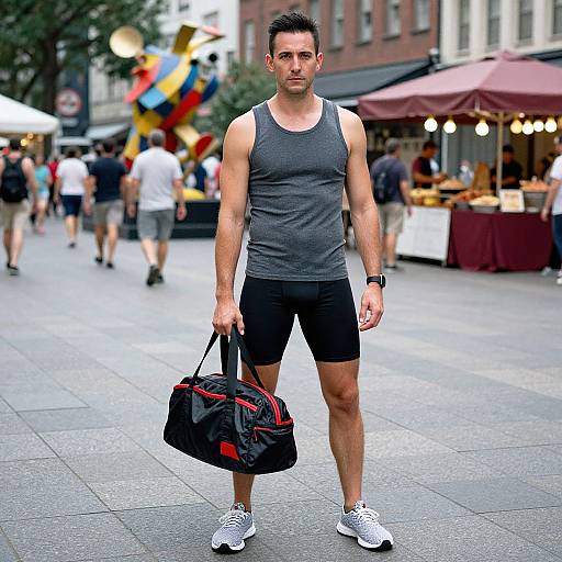 Photograph of a muscular, fair-skinned man in a gray tank top, black shorts, white sneakers, holding a black duffel bag,