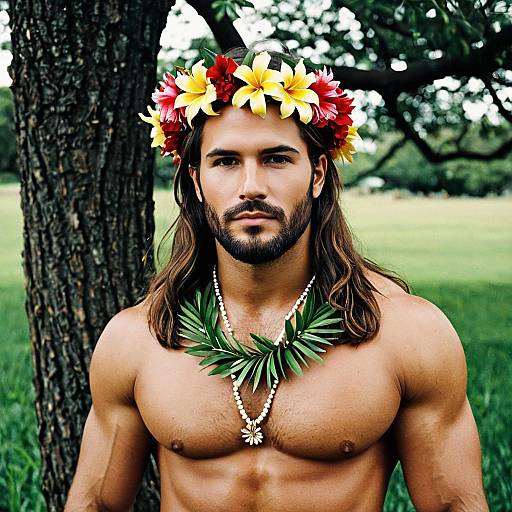 Muscular Man in Hula Costume Outdoors