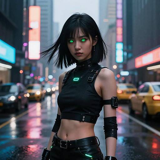 Cyberpunk photograph: Asian woman with black bob, glowing green eyes, leather crop top and pants, standing on rainy city street with neon lights and