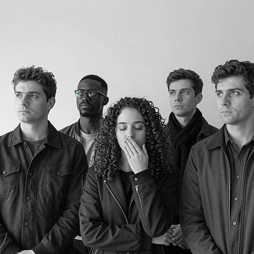 Black and White Group Portrait with Curly-Haired Woman