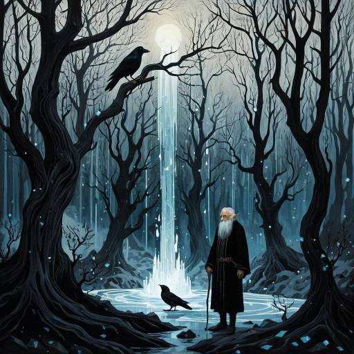 Elderly Elf with Ebony Raven in Twilight Forest