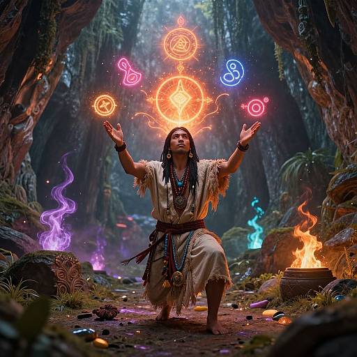 Digital artwork of a shamanic woman in a forest, kneeling with arms raised, surrounded by glowing magical symbols and fires.