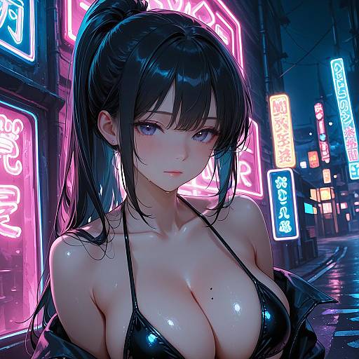 Anime Girl in Black Bikini with Neon Lights