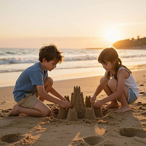 Photograph of a young boy and girl building a sandcastle on a golden sunset beach, both kneeling, focused, and smiling.
