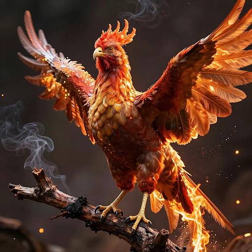 Photorealistic CGI of a fiery, majestic rooster with outstretched wings, standing on a branch, glowing feathers, and smoky effect.