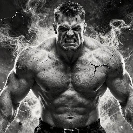 Hyper-realistic black-and-white digital drawing of a muscular, angry man with cracks on his chest, standing amidst electrifying flames, snarling fiercely