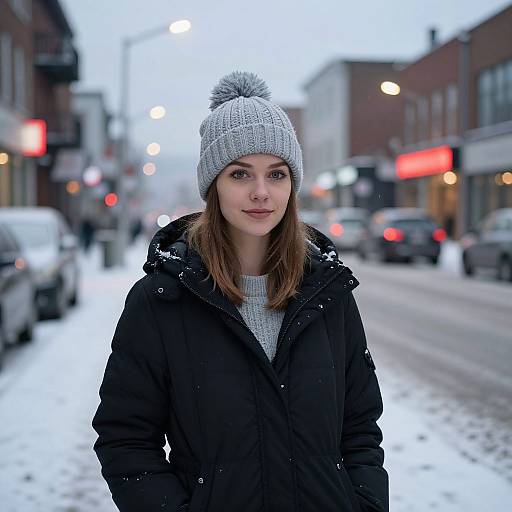 Photograph of a young woman with light brown hair, wearing a gray knit hat, black coat, and white sweater, standing on a snowy urban street