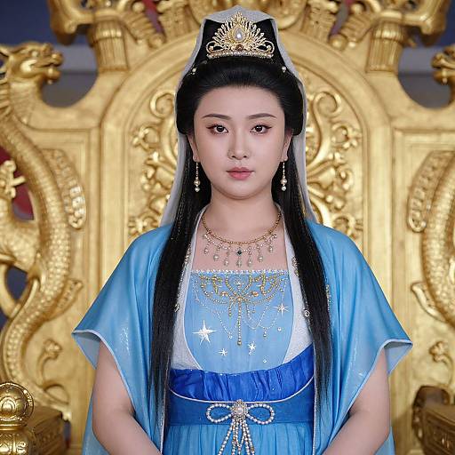 Photograph of an East Asian woman in traditional blue imperial attire with gold details, adorned with a jeweled crown and necklace, standing in front of an