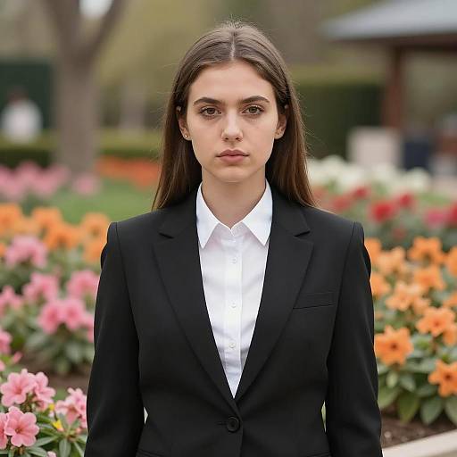 Professional Woman in Black Blazer in Garden