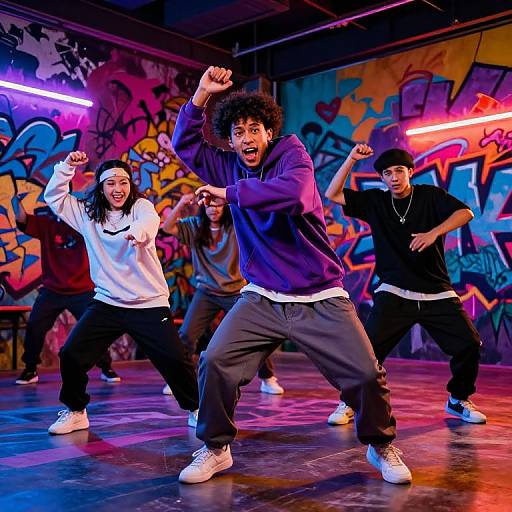 Photograph of four young people dancing energetically in a graffiti-covered, neon-lit underground studio, wearing casual streetwear and white sneakers.