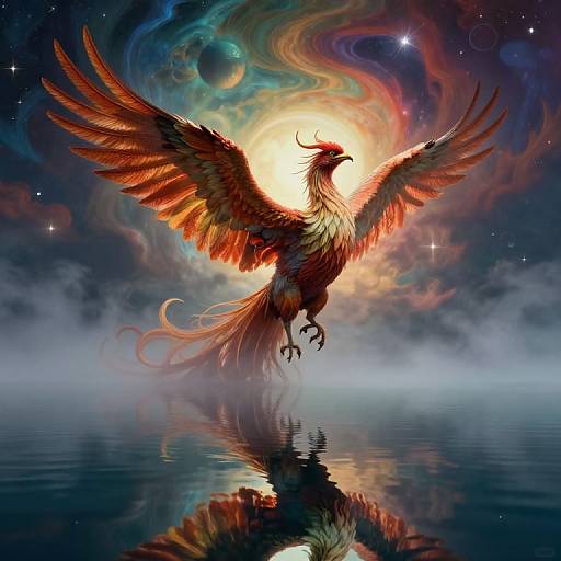 Digital art of a majestic phoenix with fiery red and orange feathers, wings spread, glowing at sunset over a reflective water surface in a cosmic, starry
