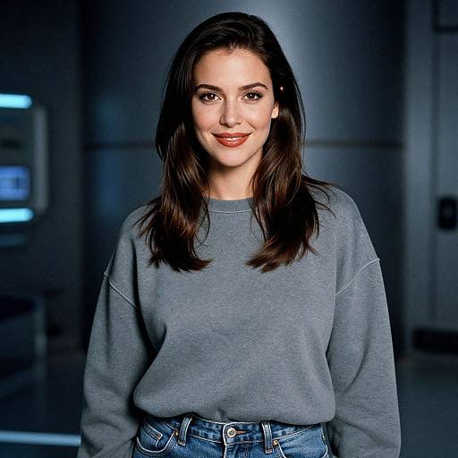 Photograph of a smiling woman with fair skin, dark brown hair, wearing a gray sweater and blue jeans, in a dimly lit, modern interior