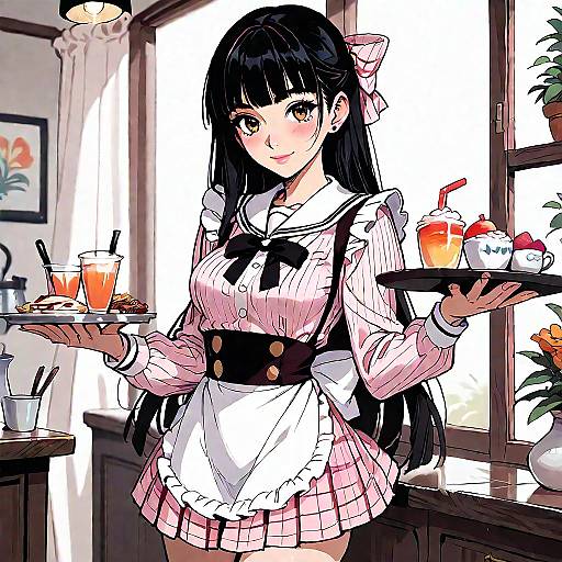 Anime Waitress in Pink Uniform Holding Trays