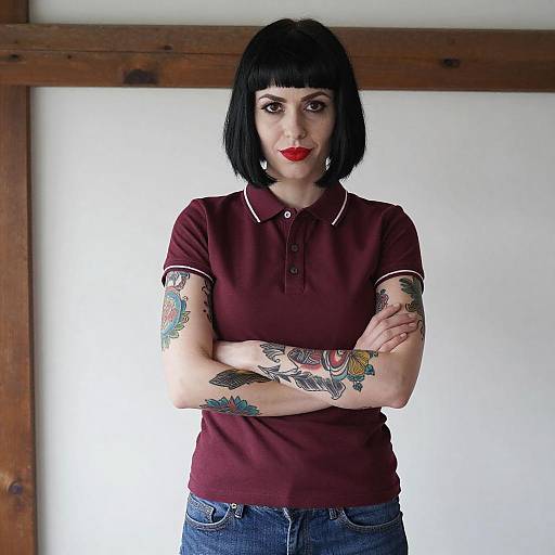 Tattooed Woman in Maroon Polo Shirt