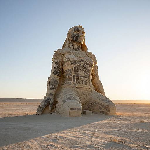 Photograph of a large, intricate sand statue of a kneeling humanoid figure with detailed, patterned armor, set in a barren desert landscape at sunset.