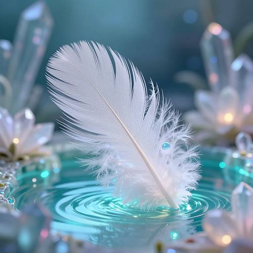Photograph of a glowing white feather floating on a shimmering blue water surface, surrounded by blurred crystals and soft lights.