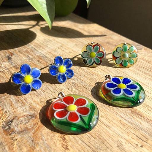 Photograph of colorful, hand-blown glass flower pendants with blue, red, and green petals, yellow centers, on a sunlit wooden surface