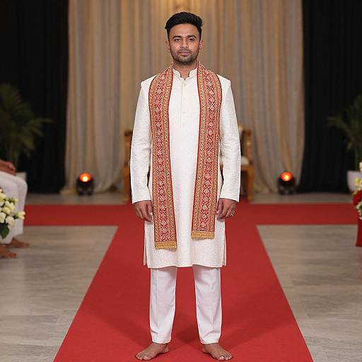 Photograph of a South Asian man in traditional white kurta and red ornate dhoti, standing on a red carpet, with beige curtains and