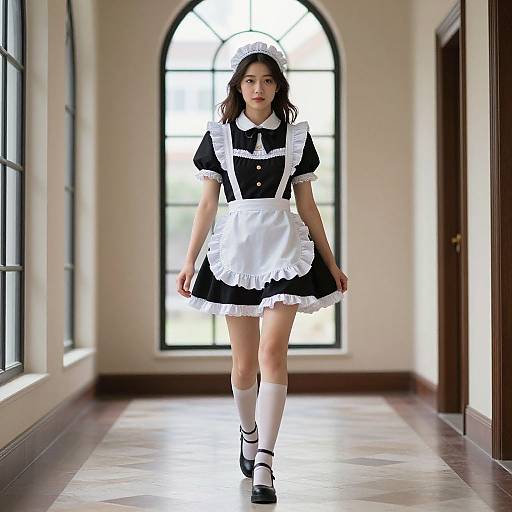 Photograph of a young woman with fair skin, black hair, and a serious expression, wearing a classic black and white French maid outfit, walking down