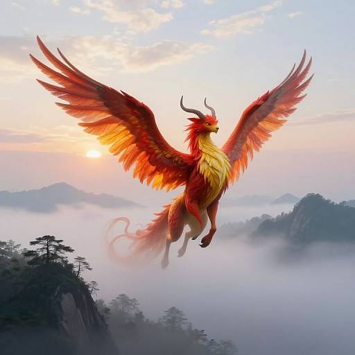 Digital art of a majestic red and yellow phoenix with large wings soaring above misty mountains at sunrise, wings spread wide.