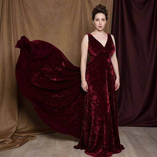 Photograph of a pale-skinned woman with dark hair in a red velvet, V-neck gown with a flowing, dramatic train against brown and black fabric