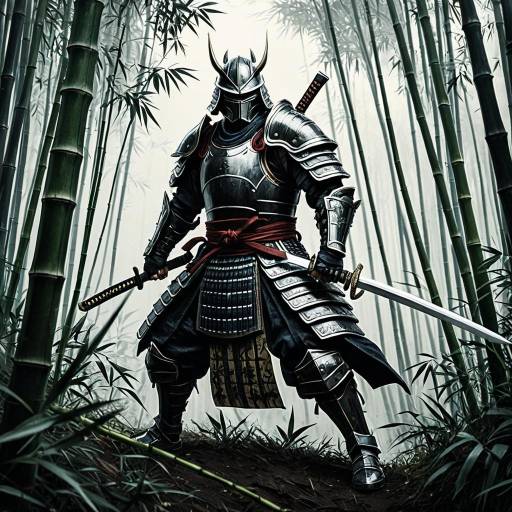 Armored Samurai in Misty Bamboo Forest