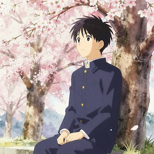 Anime Boy Under Cherry Blossoms