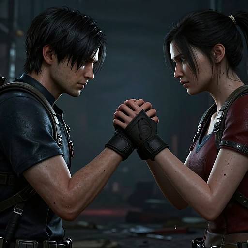 Photorealistic CGI of a tense moment between a grimy, muscular man in dark armor and a determined woman in red, gripping each other's wrists