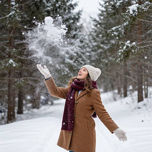 Joyful Woman Tossing Snowballs Outdoors